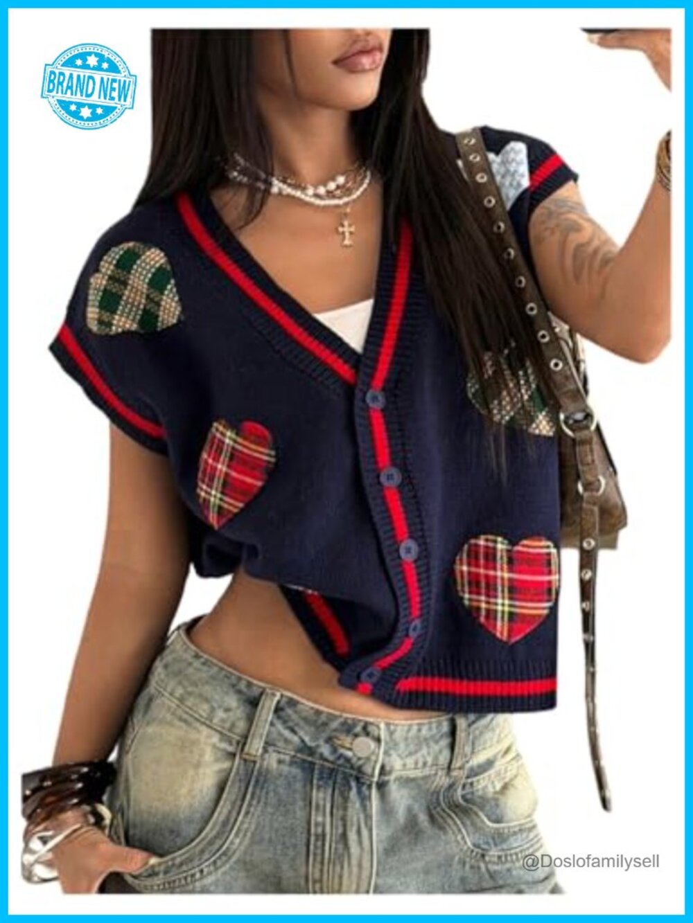 Women's Heart Embroidery V Neck Button Sweater Vest Cap Sleeve